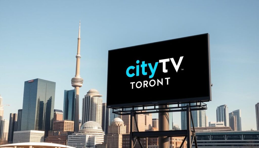 Generate an image of a Toronto cityscape with a TV screen displaying CityTV Toronto Generate an image of a Toronto cityscape with a TV screen displaying CityTV Toronto