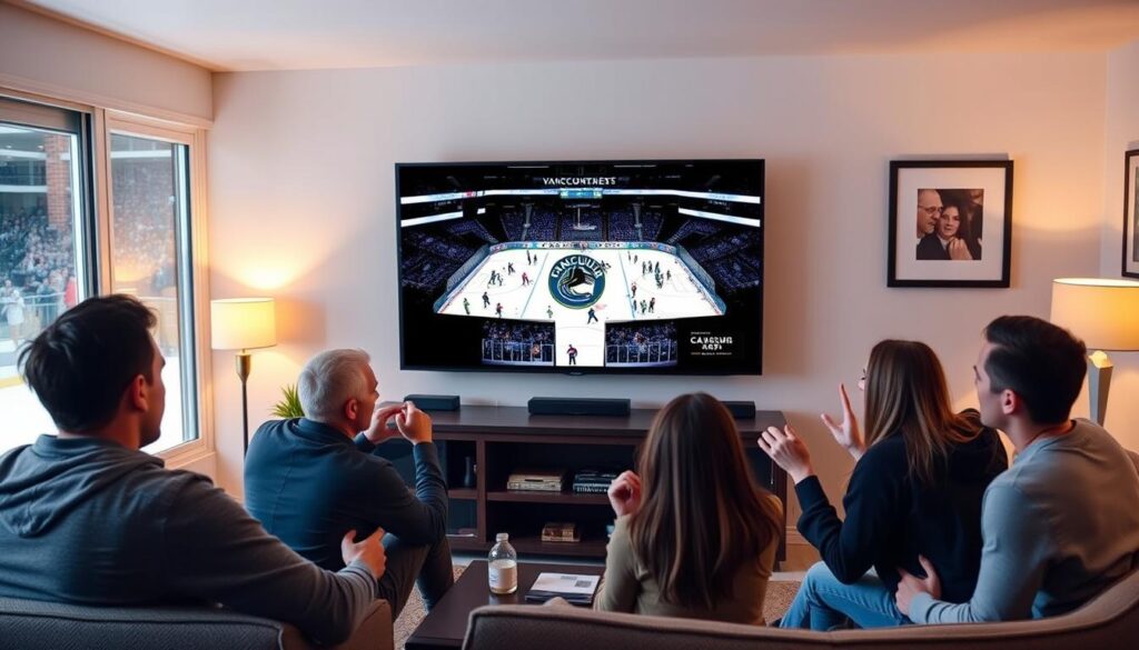 Generate an image of a Vancouver Canucks game on a TV screen Generate an image of a Vancouver Canucks game on a TV screen