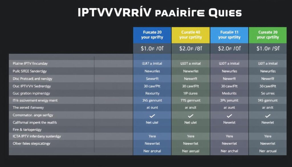Generate an image of a comparison chart showing different IPTV pricing plans in Quebec. Generate an image of a comparison chart showing different IPTV pricing plans in Quebec.