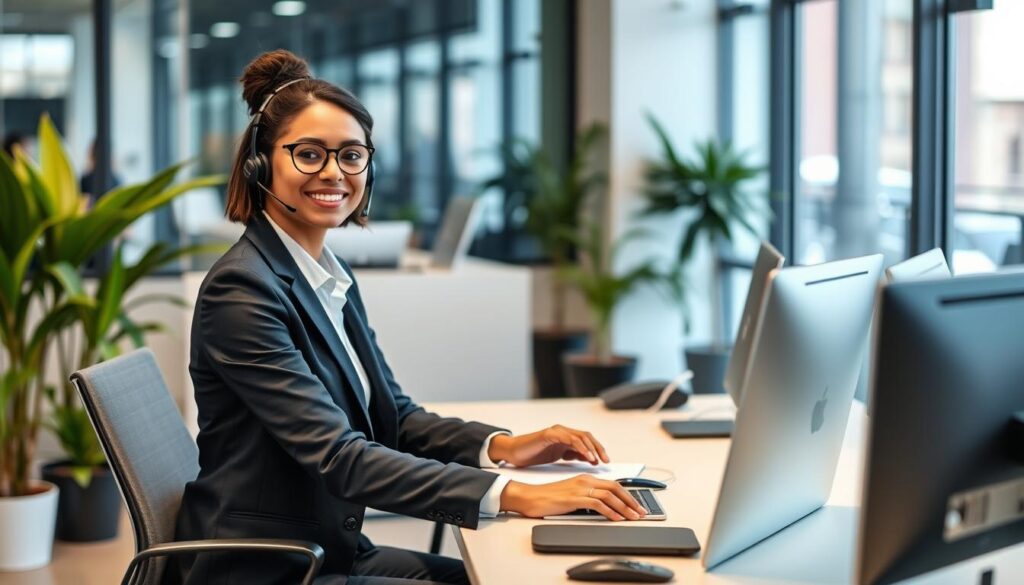 Generate an image of a customer support representative assisting a client Generate an image of a customer support representative assisting a client