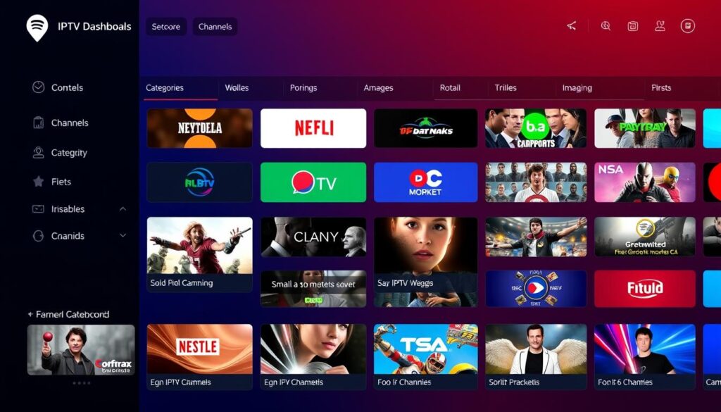 Generate an image of a dashboard showing various IPTV channel options