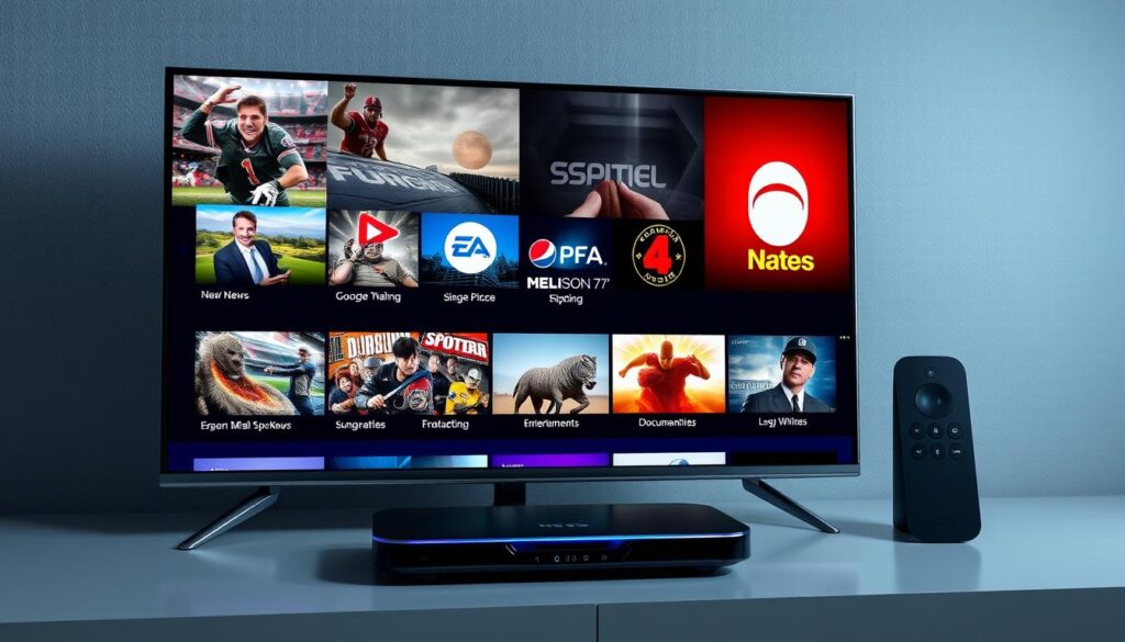 Generate an image of a diverse TV channel list on a modern streaming device