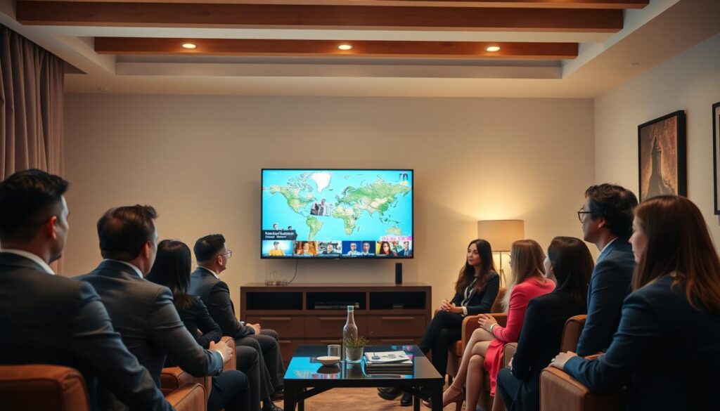 Generate an image of a diverse group of people watching TV together, with various international channels on the screen.