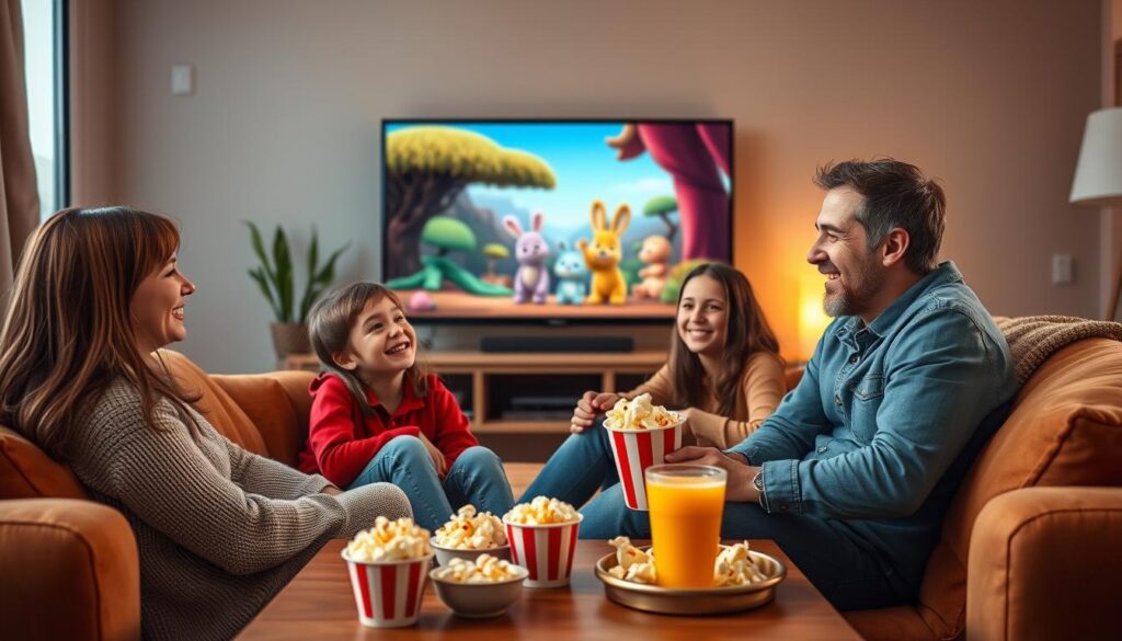 Generate an image of a family watching a movie together on Bunnystream.