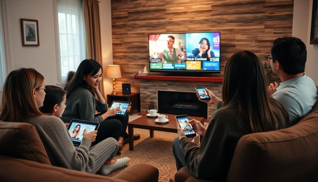 Generate an image of a family watching different TV channels on multiple devices simultaneously in their living room.