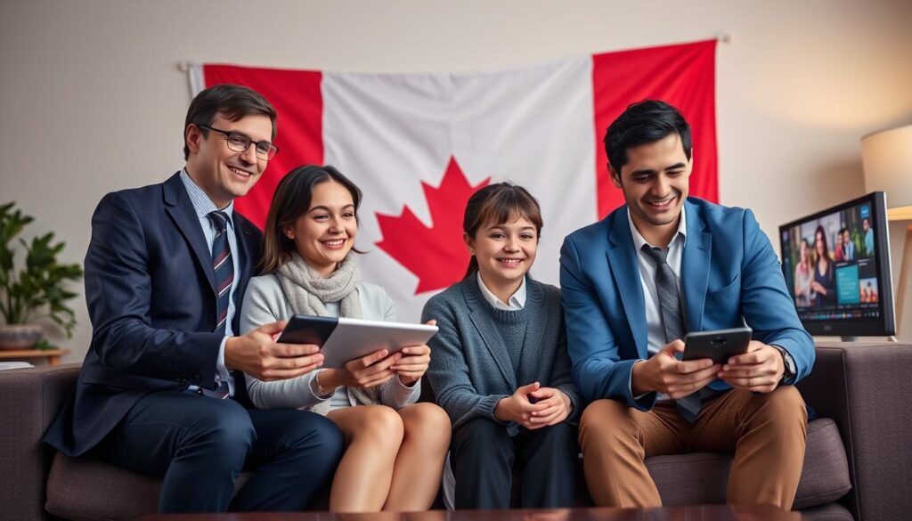Generate an image of a family watching different TV channels on various devices simultaneously, with a Canadian flag in the background.