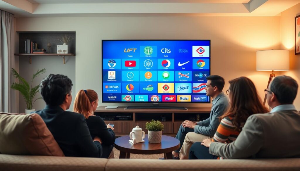 Generate an image of a family watching different language channels Generate an image of a family watching different language channels