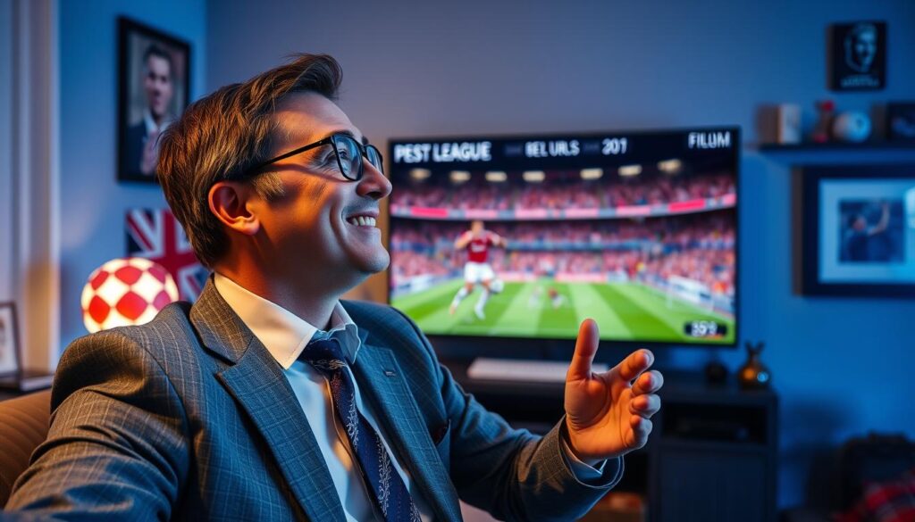 Generate an image of a football fan watching a Premier League match on IPTV UK