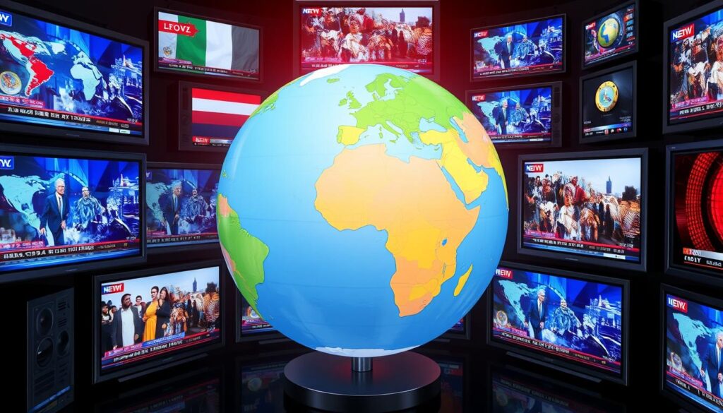 Generate an image of a globe surrounded by various TV screens displaying different international channels.