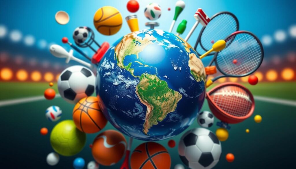 Generate an image of a globe with various sports icons surrounding it, symbolizing international sports coverage.