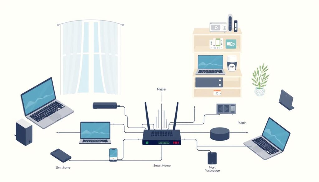 Generate an image of a home network setup with various devices connected to a central router, illustrating a robust and reliable internet connection.