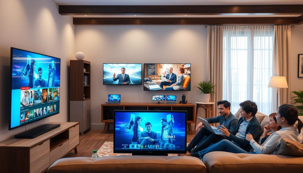 Generate an image of a household with multiple devices streaming Kick IPTV Generate an image of a household with multiple devices streaming Kick IPTV