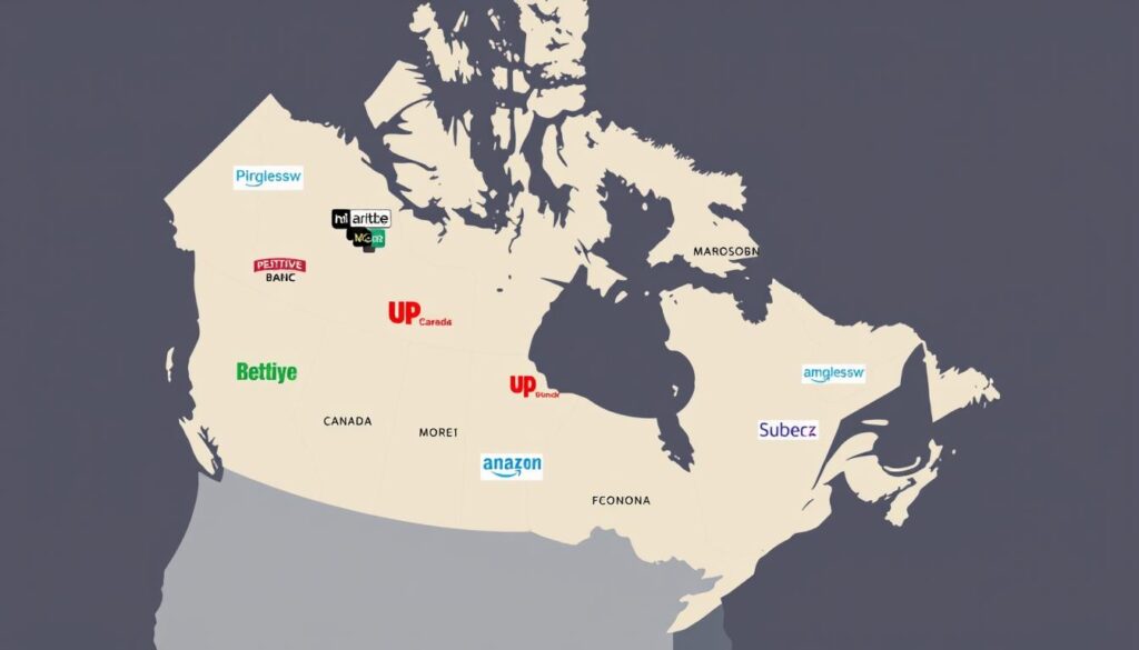 Generate an image of a map of Canada highlighting different regions with corresponding IPTV channel logos.