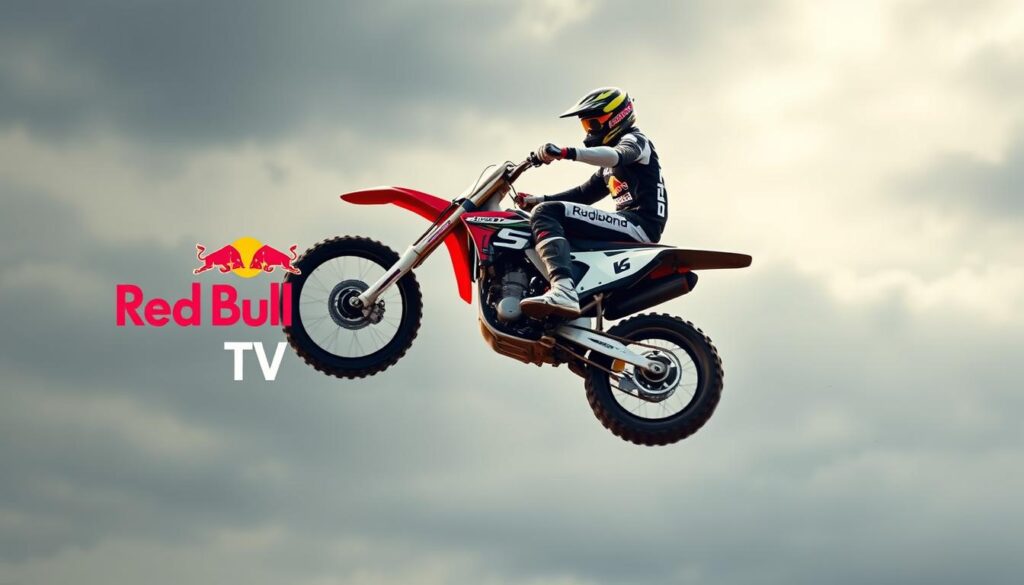 Generate an image of a motocross rider in mid-air, with a Red Bull TV logo overlay. Generate an image of a motocross rider in mid-air, with a Red Bull TV logo overlay.
