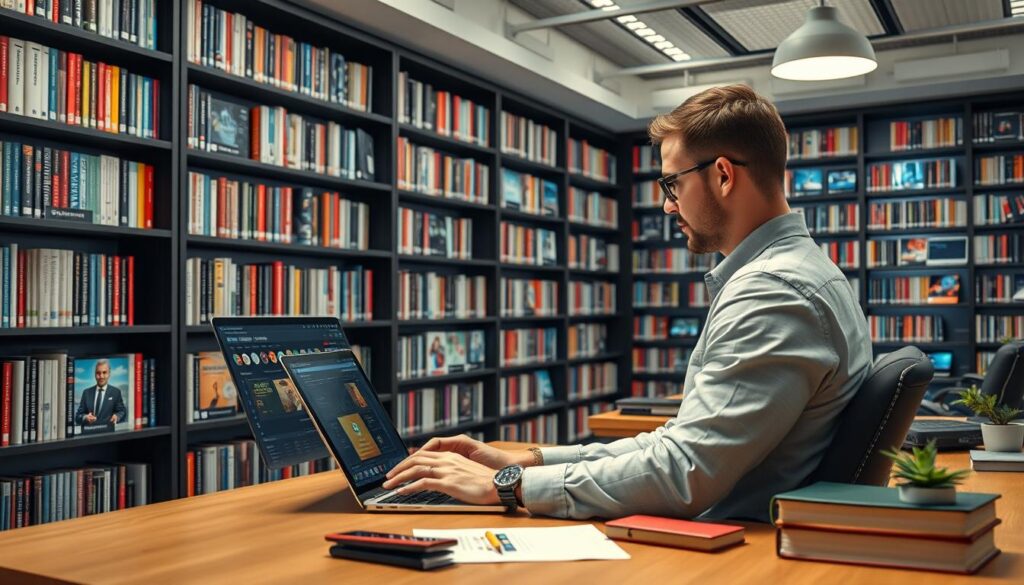 Generate an image of a person accessing a vast library of on-demand content Generate an image of a person accessing a vast library of on-demand content