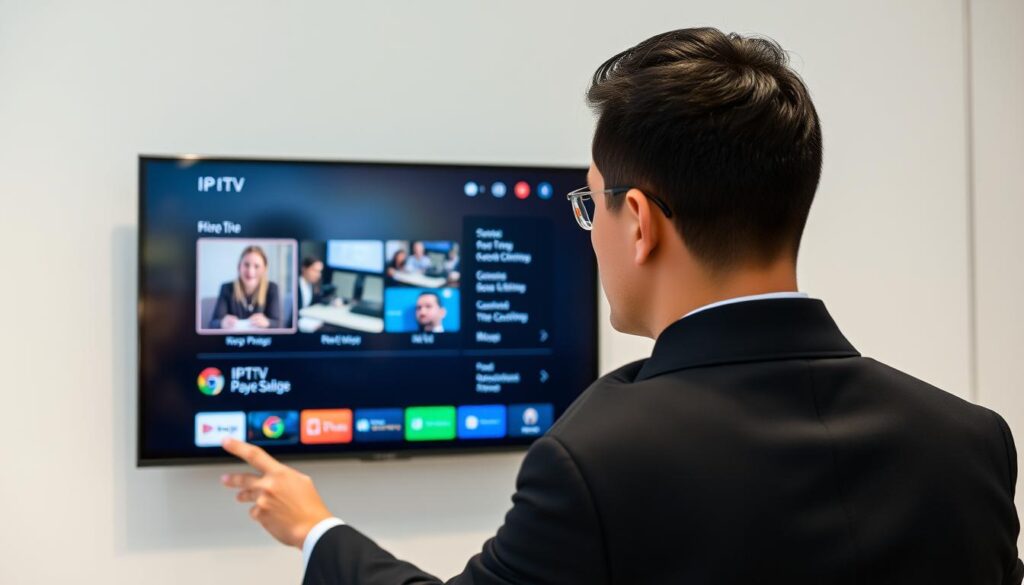 Generate an image of a person browsing through a well-organized IPTV interface Generate an image of a person browsing through a well-organized IPTV interface