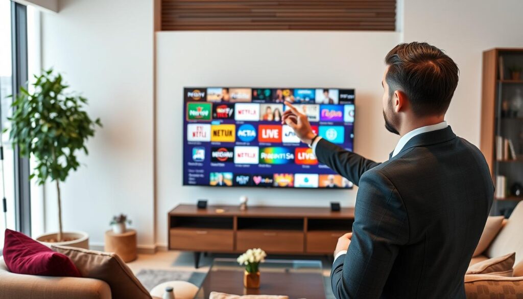 Generate an image of a person browsing through various IPTV channels on a smart TV.