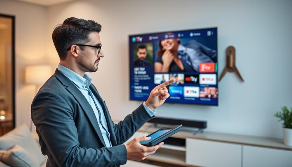 Generate an image of a person choosing an IPTV player on their device. Generate an image of a person choosing an IPTV player on their device.