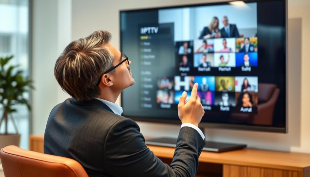 Generate an image of a person choosing an IPTV service on their TV