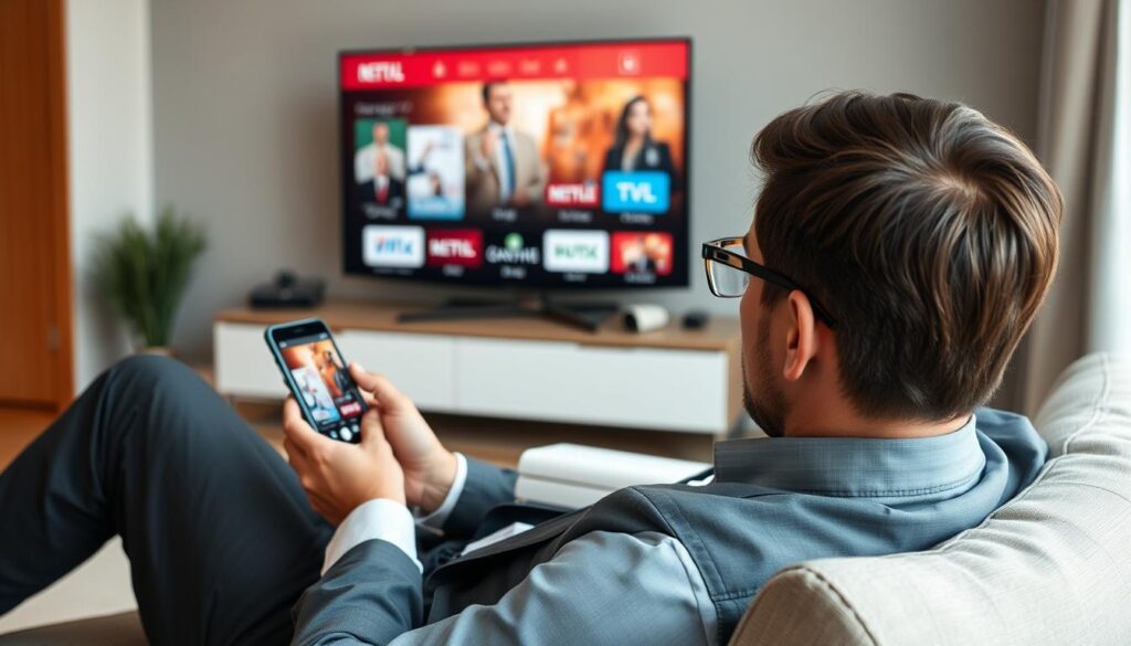 Generate an image of a person comfortably watching TV on their device with a variety of channels displayed on the screen.