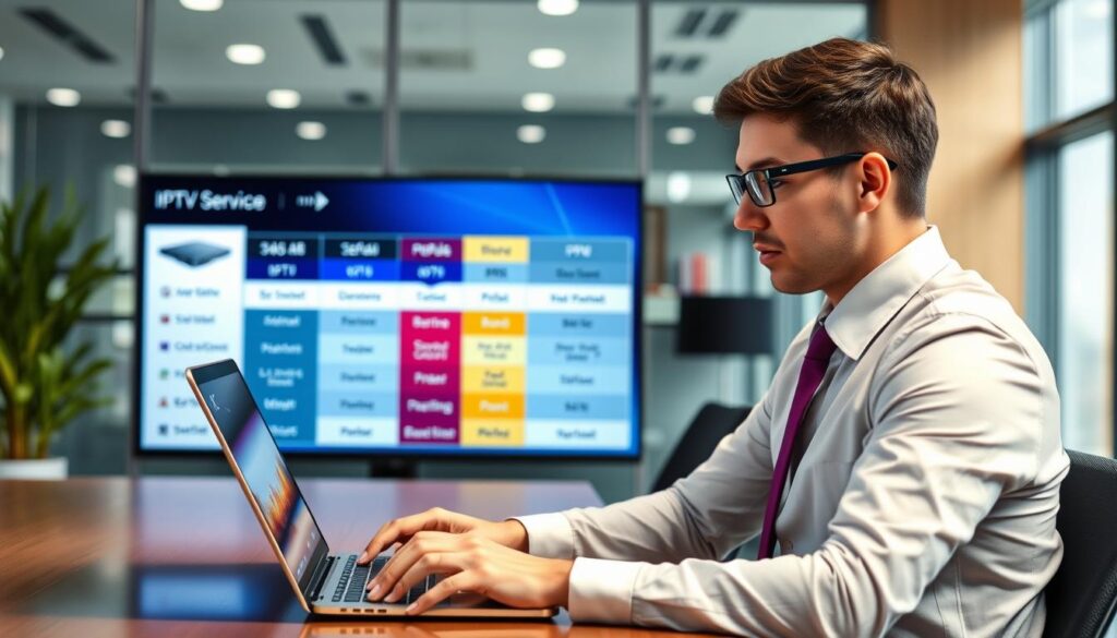 Generate an image of a person comparing IPTV service plans on their laptop.