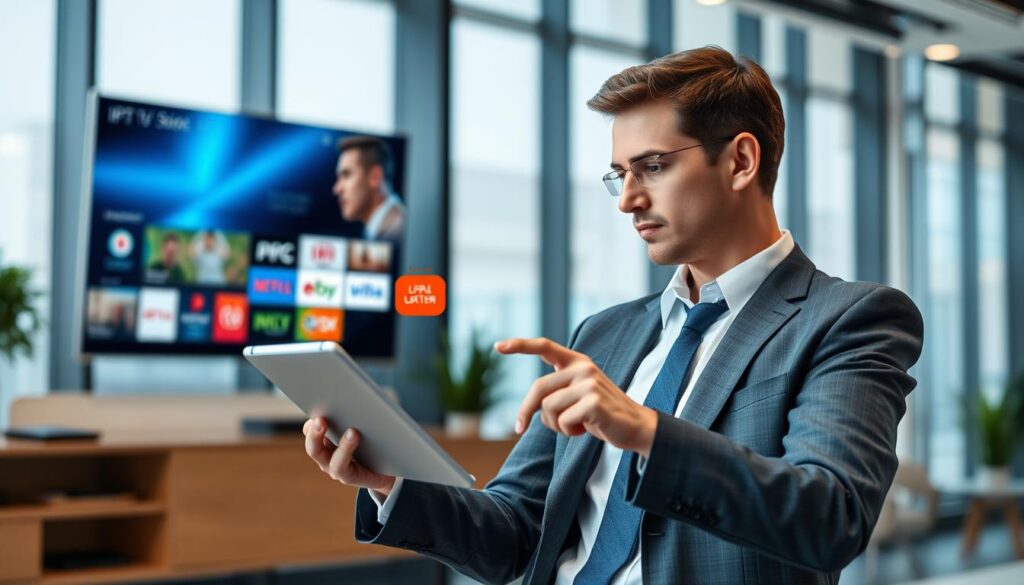 Generate an image of a person comparing different IPTV services on a tablet Generate an image of a person comparing different IPTV services on a tablet