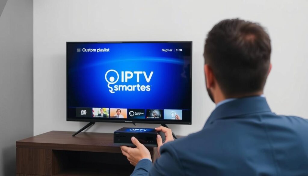 Generate an image of a person creating a custom playlist on their IPTV device, with an IPTV Smarters logo.