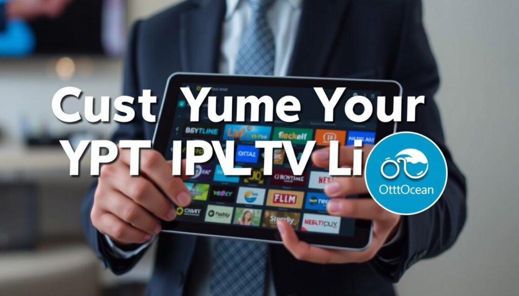 Generate an image of a person customizing their IPTV channel lineup on a tablet, with an OTTOcean logo in the corner.