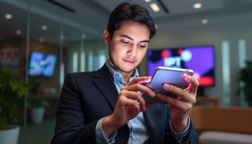 Generate an image of a person downloading IPTV APK Pro on their Android device