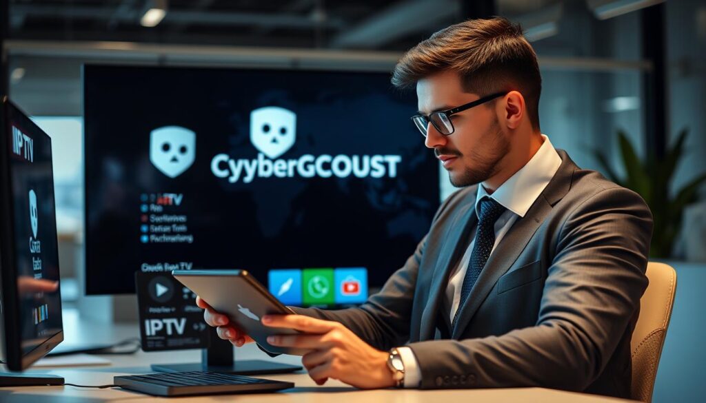 Generate an image of a person easily setting up CyberGhost VPN on their device for IPTV streaming.