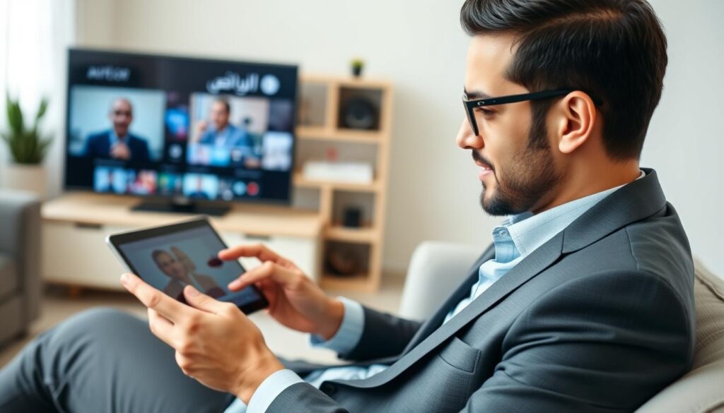 Generate an image of a person enjoying Arabic IPTV on multiple devices