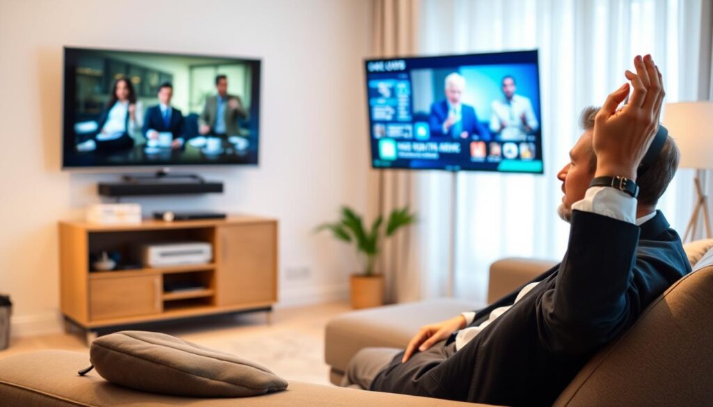 Generate an image of a person enjoying HD content on their TV Generate an image of a person enjoying HD content on their TV