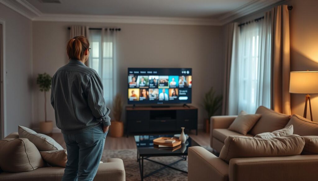 Generate an image of a person enjoying IPTV content on a Smart TV