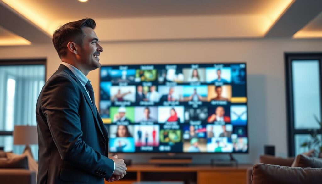 Generate an image of a person enjoying a seamless IPTV streaming experience on a large screen TV.