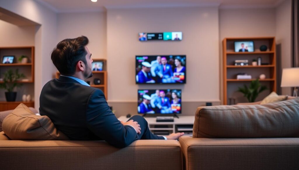 Generate an image of a person enjoying their favorite TV show on EagleCast TV with multiple screens displaying different channels.