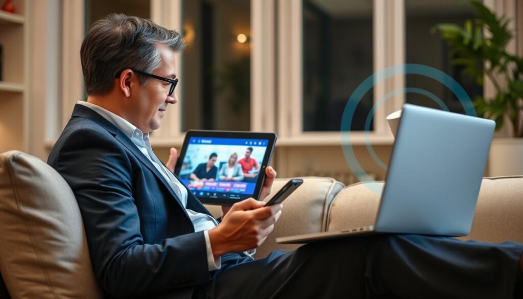 Generate an image of a person enjoying their favorite TV show on a device with a stable internet connection.