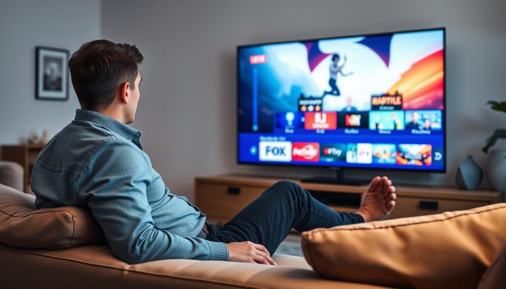 Generate an image of a person enjoying their favorite TV show on a large screen with a variety of channels displayed.