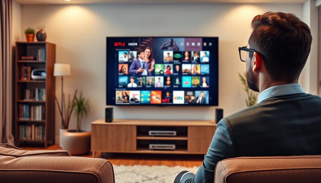 Generate an image of a person enjoying their favorite TV show on a large screen with a vast library of content on the screen.