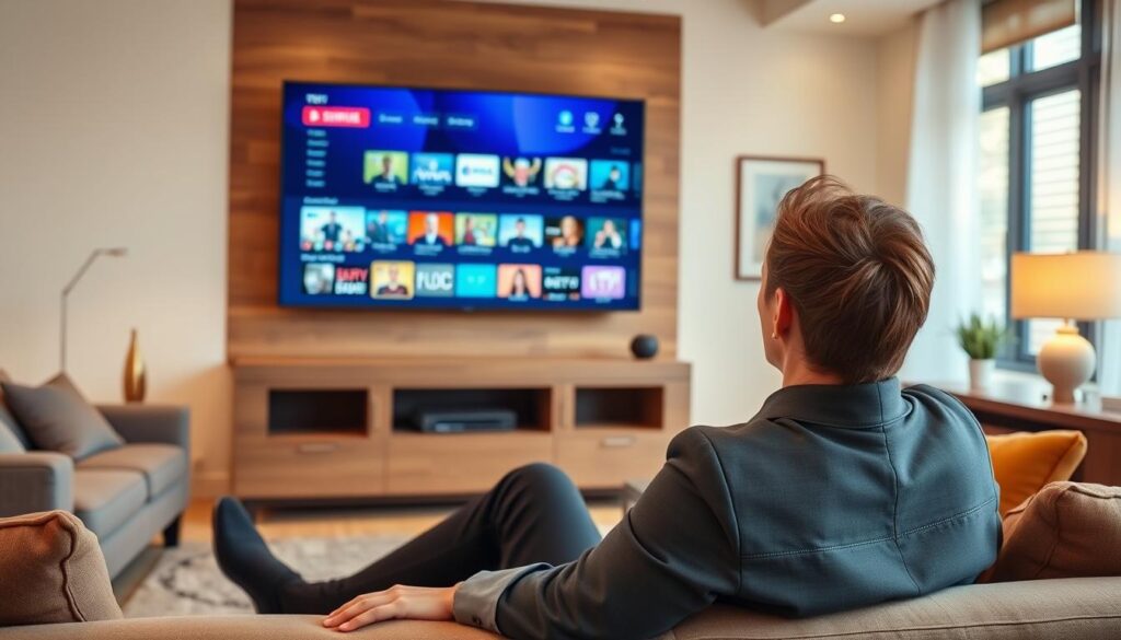 Generate an image of a person enjoying their favorite TV show on a large screen with multiple channels displayed.