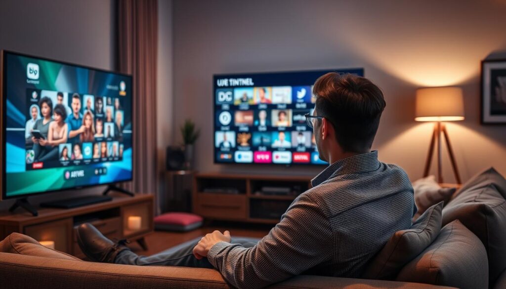 Generate an image of a person enjoying their favorite TV show on a large screen with multiple channels displayed.