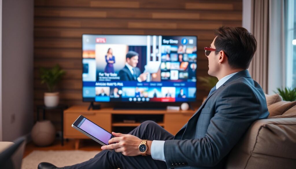 Generate an image of a person enjoying their favorite TV show on a large screen with multiple devices connected.