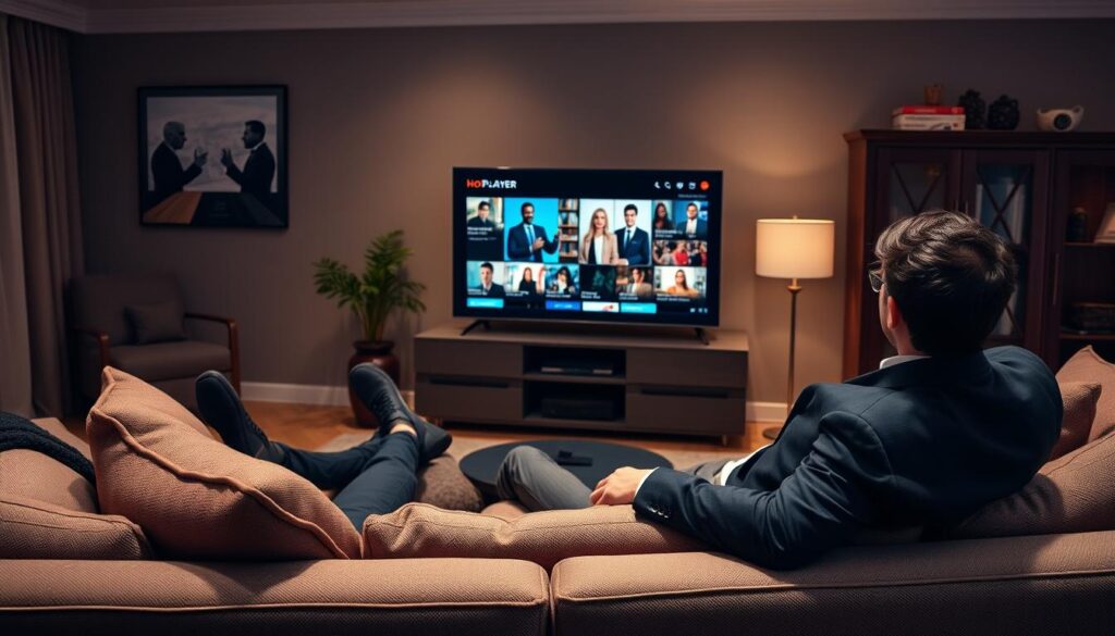 Generate an image of a person enjoying their favorite TV show on a smart TV using the HotPlayer IPTV app.