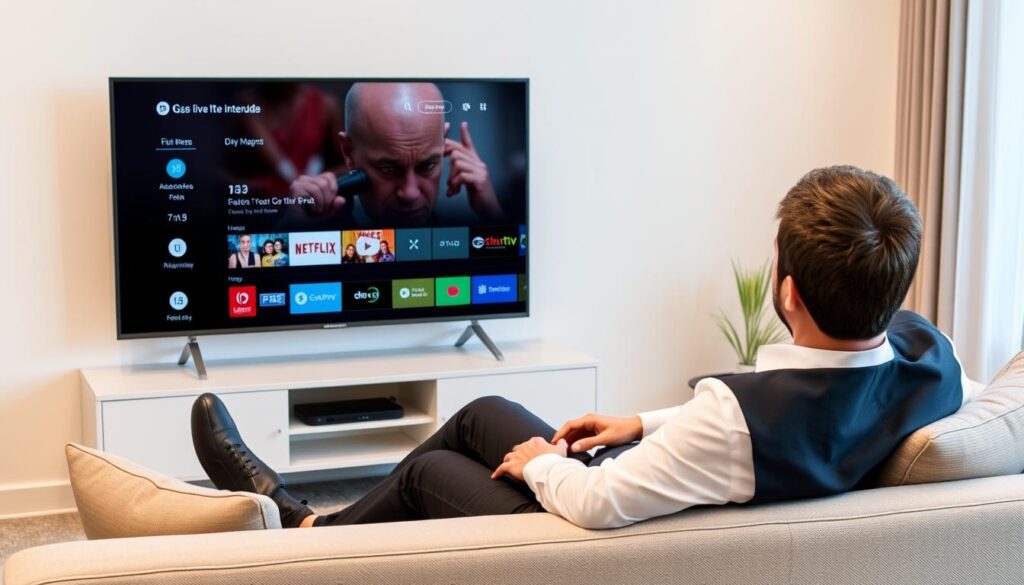 Generate an image of a person enjoying their favorite TV show on a smart TV with GSE IPTV interface on the screen.