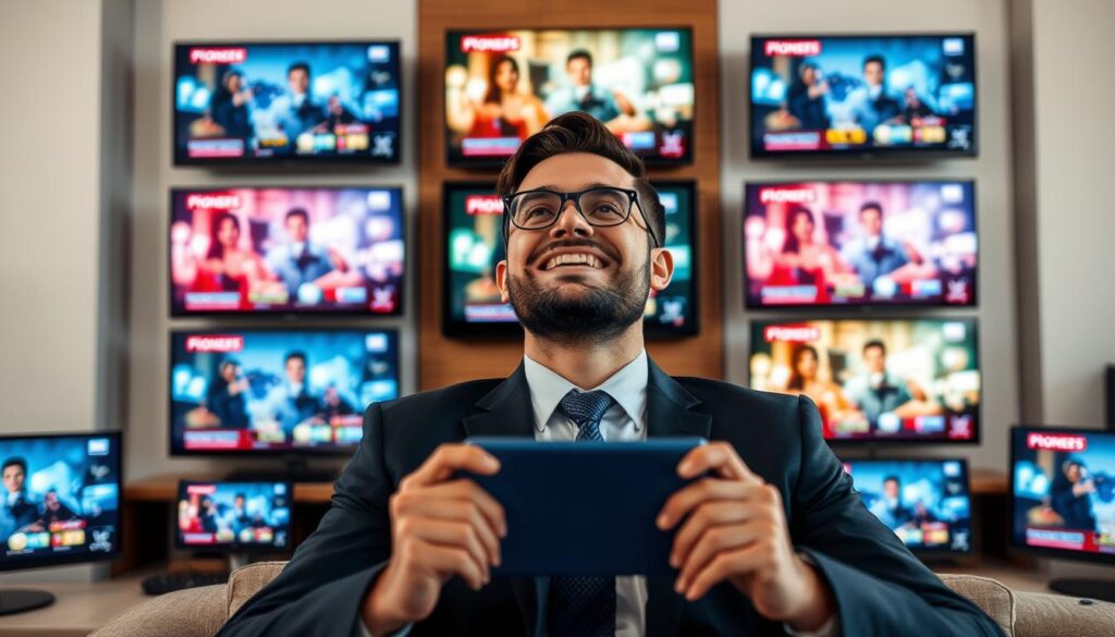 Generate an image of a person enjoying their favorite TV show on multiple devices simultaneously, with a satisfied expression, surrounded by various screens displaying different channels and content from Pioneers TV.