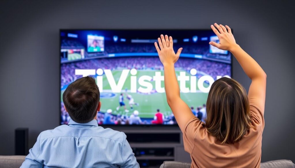 Generate an image of a person enjoying their favorite sports event on a large screen TV, with a TiVistation logo prominently displayed.