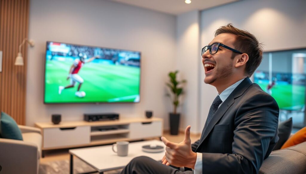 Generate an image of a person enjoying their favorite sports event on multiple screens with TiVistation's IPTV service.