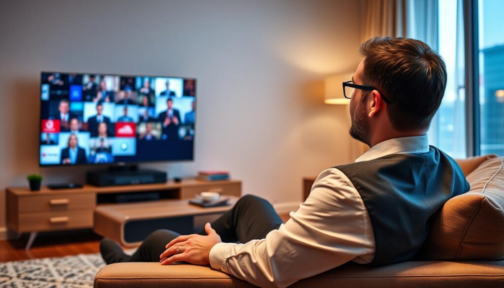 Generate an image of a person enjoying their favourite TV show on IPTV Geeks