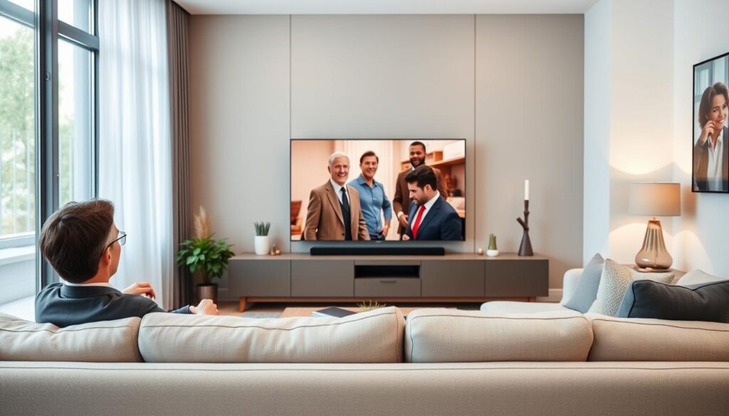 Generate an image of a person enjoying their favourite TV show on IPTV Geeks Generate an image of a person enjoying their favourite TV show on IPTV Geeks