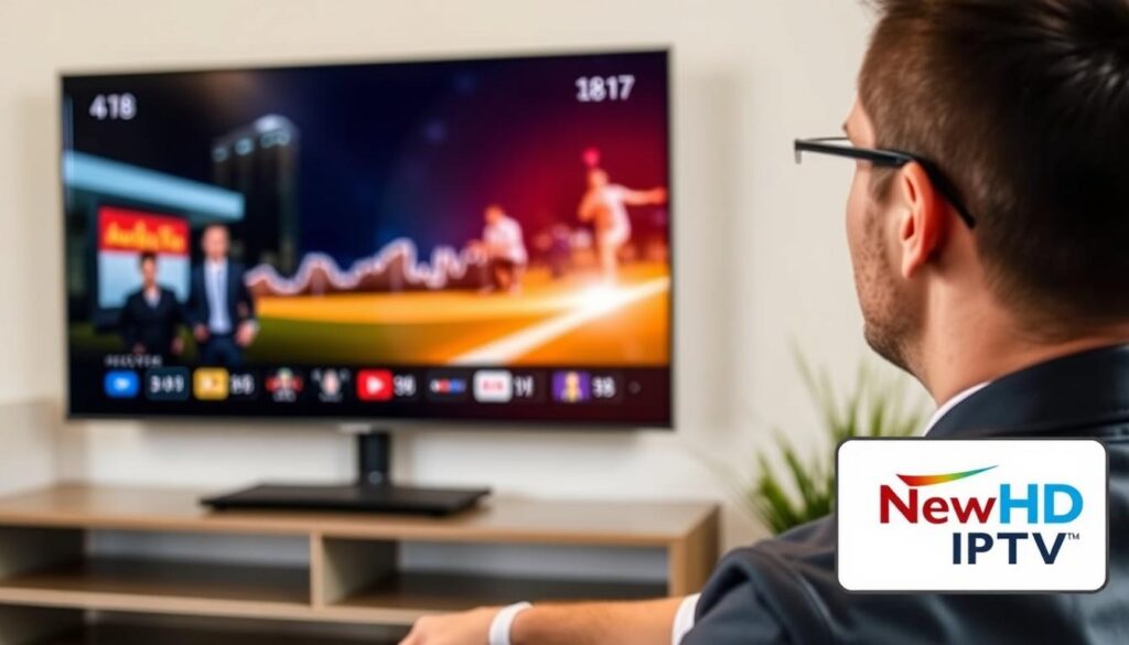 Generate an image of a person enjoying their favourite TV show on a 4K smart TV with a NewHD IPTV logo in the corner.