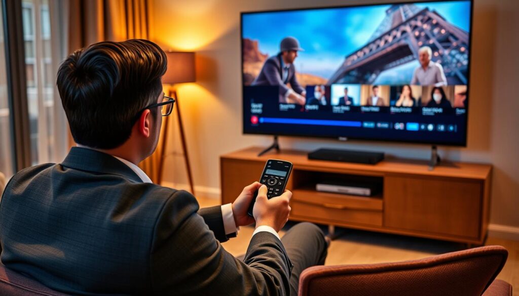 Generate an image of a person enjoying their favourite TV show on a 4K/8K resolution TV, with a remote control in hand.